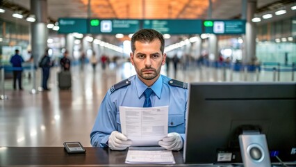 A uniformed officer inspects documents at an airport security checkpoint, with travelers and signs visible in the background.