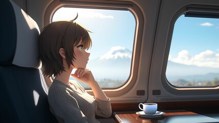 Fototapeta premium Passenger Sitting by Bullet Train Window with Mt Fuji View and Coffee