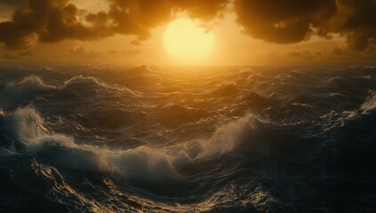 Stormy sunset over turbulent ocean
