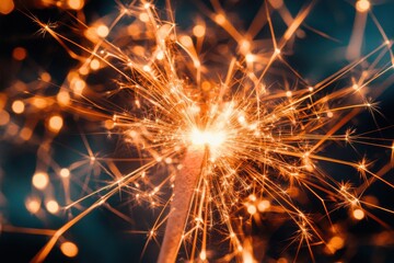 Sparkling sparkler emitting bright light in dark atmosphere close up shot of festive celebration