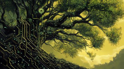 Nature and technology converge in a technological tree. [gilded mechanica] | verdant circuits | leafy wires. illustration. [Verdant Mechanica] | Ivyweld Spool | crawling tension. Illustration