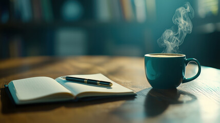 Cozy scene featuring steaming cup of coffee beside open notebook and pen, evoking sense of warmth and inspiration