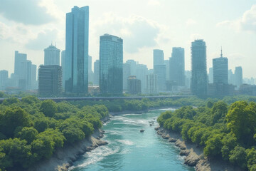 Obraz premium stunning cityscape featuring modern skyscrapers and lush greenery along riverbank, showcasing harmony between urban development and nature. scene evokes sense of tranquility and progress