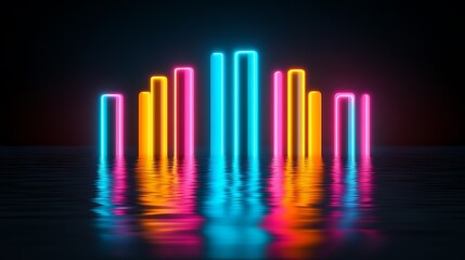 Fototapeta premium Vibrant Neon Light Bars Reflecting on Water Abstract Background Perfect for modern designs