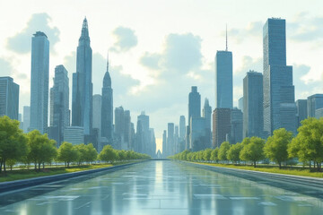 Obraz premium serene cityscape featuring towering skyscrapers and reflective waterway, surrounded by lush greenery. scene captures modern urban environment with tranquil atmosphere