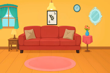 2D cartoon illustration of a cozy living room with red sofa, coffee table, wall decor, and soft lighting—great for animations, storybooks, or educational use.