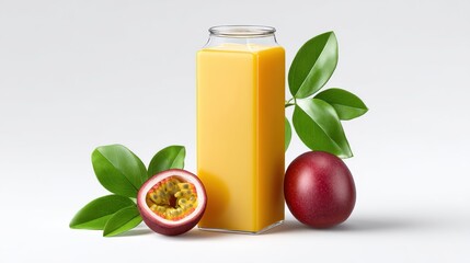 A glass of vibrant freshly squeezed fruit juice featuring the tropical flavor of passion fruit accompanied by lush green leaves for a nourishing and refreshing beverage