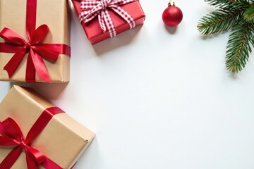 Festive Christmas gift wrap flatlay Top view, white background, copy space , packaging, winter, creative