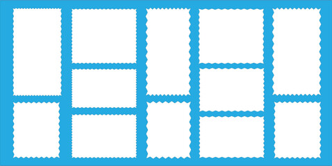With zigzag edges Postage stamp borders set vector. Wavy edge frame or shape. Set of frames in shape of squares and rectangles of various sizes with 