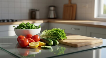 Fresh Vegetables on Glass Kitchen Counter with Wooden Cutting Board Healthy Salad Ingredients generative ai