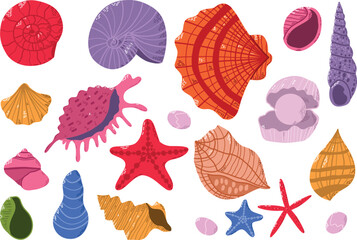 Seashells and Starfish Illustrations in Various Colors on a White Background. A delightful collection of hand-drawn seashells and starfish illustrations featuring vibrant colors and abstract designs