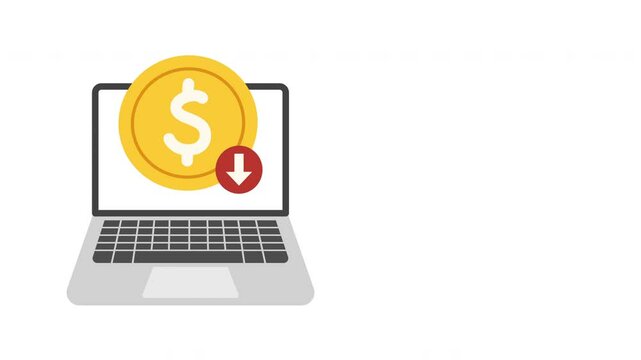 Animated flat style graphic of a laptop screen with a red downward arrow and a gold coin with a dollar sign, representing online financial loss, decreasing profits, or negative economic