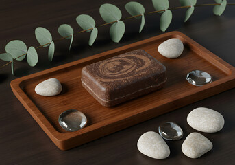 Dark brown soap on wooden tray with stones and leaves