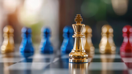 Golden chess king stands prominently in foreground, surrounded by blue and red pawns, symbolizing strategy and competition