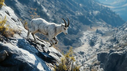 Naklejka premium Mountain goat scaling rocky cliff in natural landscape
