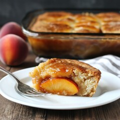 Fresh Peach Cobbler Dessert Slice on Plate with Fork Close Up Delicious Homemade Baked Food Still Life