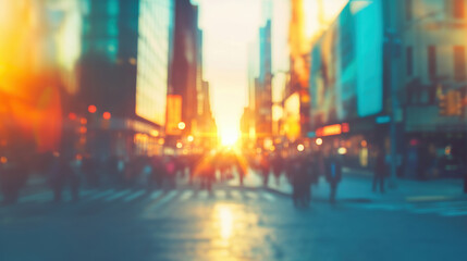 Abstract bokeh-style photo of a busy urban street filled with people at sunset, with glowing light and tall buildings.