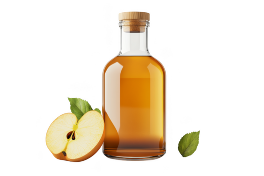 Bottle of apple juice with a sliced apple and leaves beside it. Png, Transparent background.