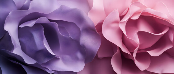 Close-up of two large fabric roses in dusty purple and pink, a beautiful decorative background for fashion, website banners, creative advertisement, and print layouts.