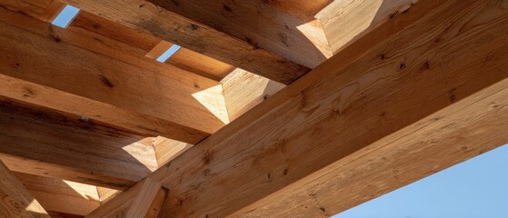 Wooden beams structure in sunlight