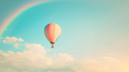 Naklejka premium Colorful hot air balloon soaring in a dreamy sky with a rainbow, symbolizing freedom, adventure, and serenity.