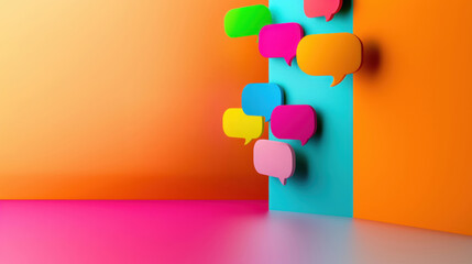 Brightly colored speech bubbles arranged on a vibrant orange and blue wall, symbolizing communication, conversation, or social media.