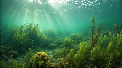 Fototapeta premium Sunlight Filtering Through a Lush Underwater Landscape Filled With Aquatic Plants