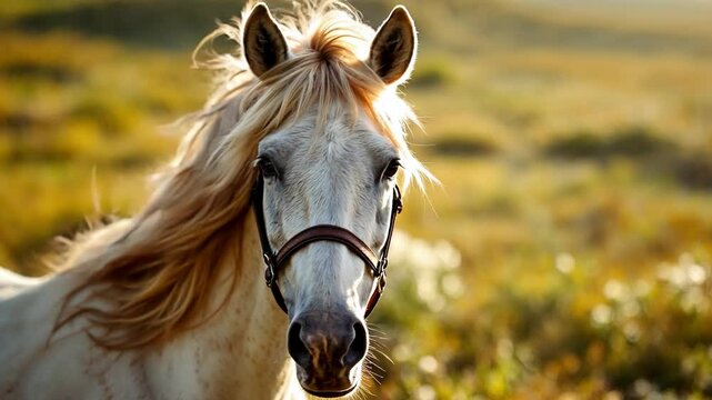 white majestic tame horse standing in sunlit farm meadow during golden hour