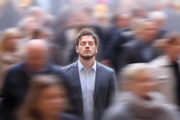 Man Practicing Mindfulness to Manage Sensory Overload Amid Busy City Crowd