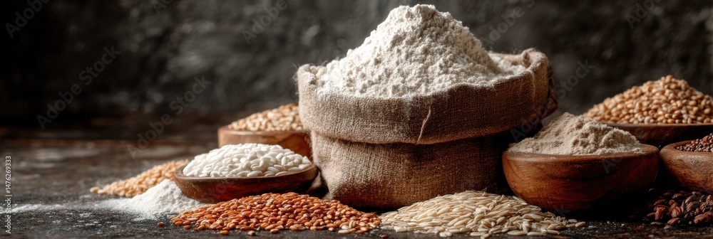 Fototapete flour and grains arranged on a rustic stone table illuminated by soft light