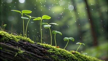 A row of small green plants growing on a mossy log during rainfall