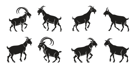 Black goat silhouette collection isolated on white background.