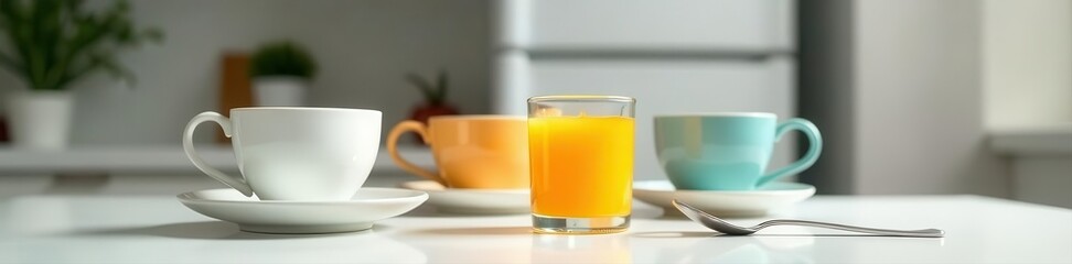 Multicolored teacups, orange juice in glass, silverware, white table near refrigerator , colorful, food, morning light