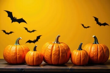 Orange pumpkins & black bats against vibrant yellow , fall, black, festive