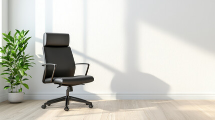 Modern office chair sits in bright, minimalistic space, complemented by green plant, creating serene and inviting atmosphere