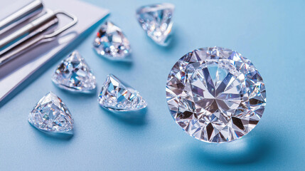 Collection of sparkling diamonds arranged on blue surface, showcasing various cuts and shapes, reflecting light beautifully