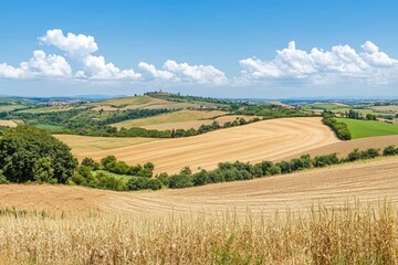 Obraz premium Rolling hills, golden fields, and vibrant landscape