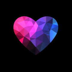 Geometric polygonal heart icon in bright pink, purple, and blue on a solid black background, excellent as a background, banner graphic, fashion element, advertising material, or print decoration.