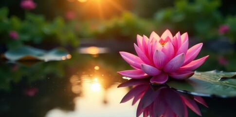Pink water lily, sunset reflection, garden pond , copy space, flower