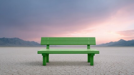 A solitary green bench sits in the middle of a vast barren landscape bathed in the warm glow of a vibrant sunset sky