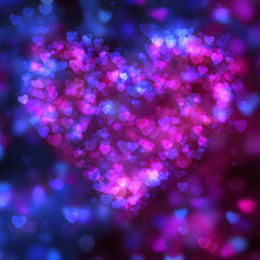 Abstract heart shape filled with beautiful bokeh lights in blue, pink, and violet tones on a blurred dark background, ideal for website banners, backgrounds, fashion designs, advertisements, and