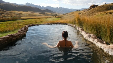 A woman soaking in a hot spring, experiencing natural healing therapy --ar 16:9 --v 6.1 Job ID: d9d7e8f8-ab6e-4a8a-8a35-b6b494f3bc8b