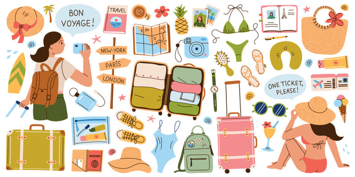 Summer set of flat cartoon illustrations on womens travel and solo vacation theme. Stylish girls with suitcase, vintage luggage, maps, camera, flight accessories, resort essentials vector collection