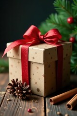 Rustic Christmas gift box, fir, berries, anise, pine cones, cinnamon on wood , texture, pine cones