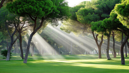 Serene golf course scene with sunlight filtering through tall trees creates peaceful atmosphere perfect for relaxation and enjoyment