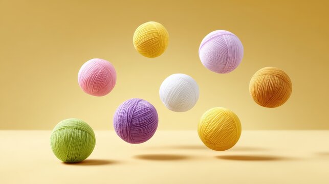 Vibrant pastel colored yarn balls in various sizes appear to be suspended in mid air creating a visually striking and harmonious composition against a simple yellow backdrop