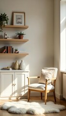 Soft lighting, sheepskin rug, simple shelves, calming atmosphere, warm, apartment