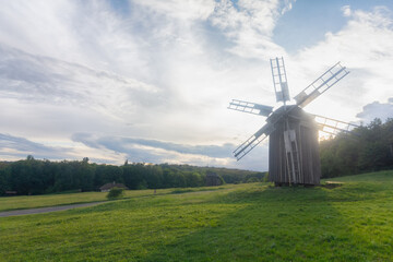 Traditional ukrainian windmill in the museum of national architecture in Pirogovo