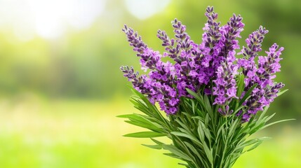 Fototapeta premium Close up view of a bouquet of purple lavender flowers against a blurred green background. The image features vibrant colors and soft lighting, creating a tranquil and serene atmosphere.