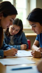 Fototapeta na wymiar Students intensely focused on shared notes during study session , intense focus, classroom